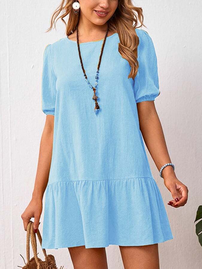 Solid Loose Waist Round Neck Dress