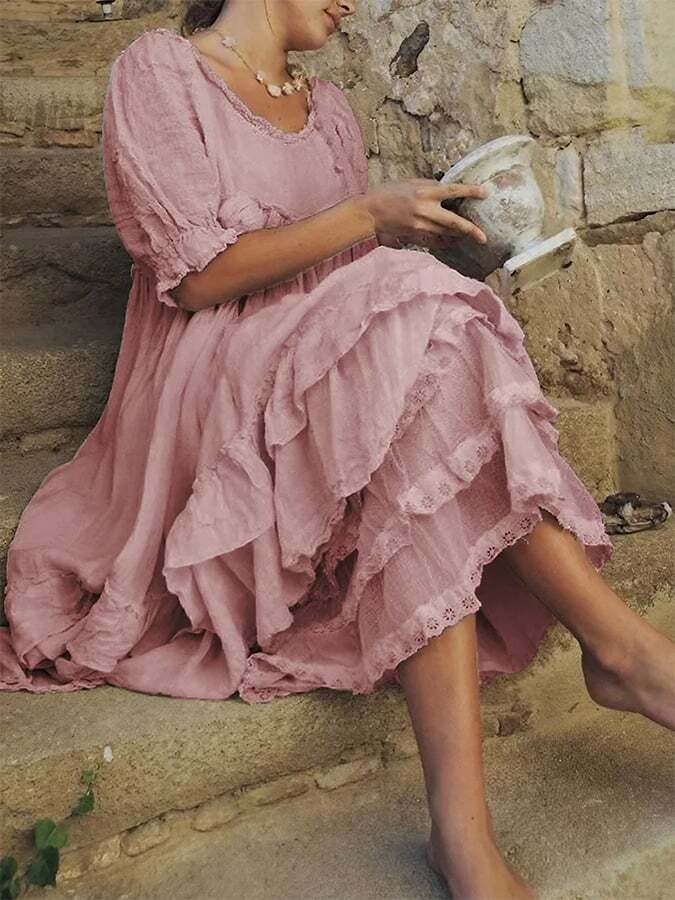 Linen Solid Lace Panel Vintage Dress