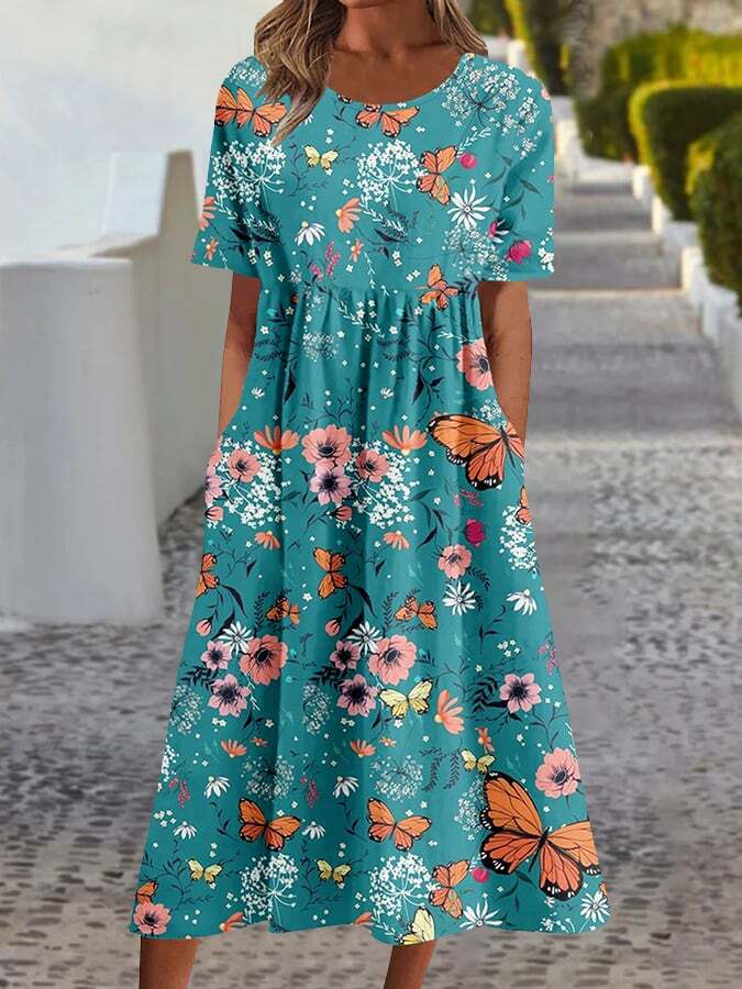 Printed Round Neck Large Swing Short Sleeved Dress