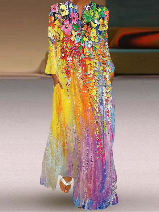 women's oil painting v-neck long dress