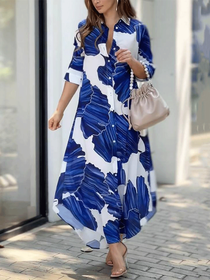 New lapel printed shirt dress
