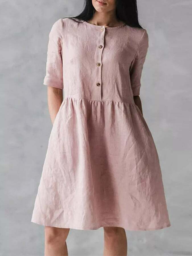 Round Neck Loose Casual Solid Color Pocket Dress