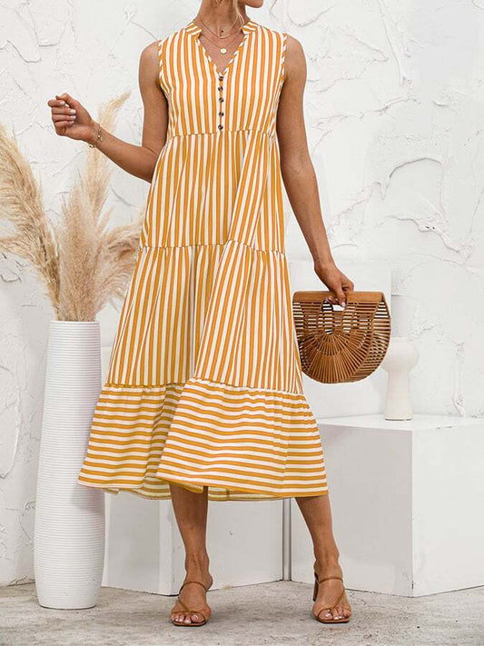 V -neck Striped Buttons Stitching Dress