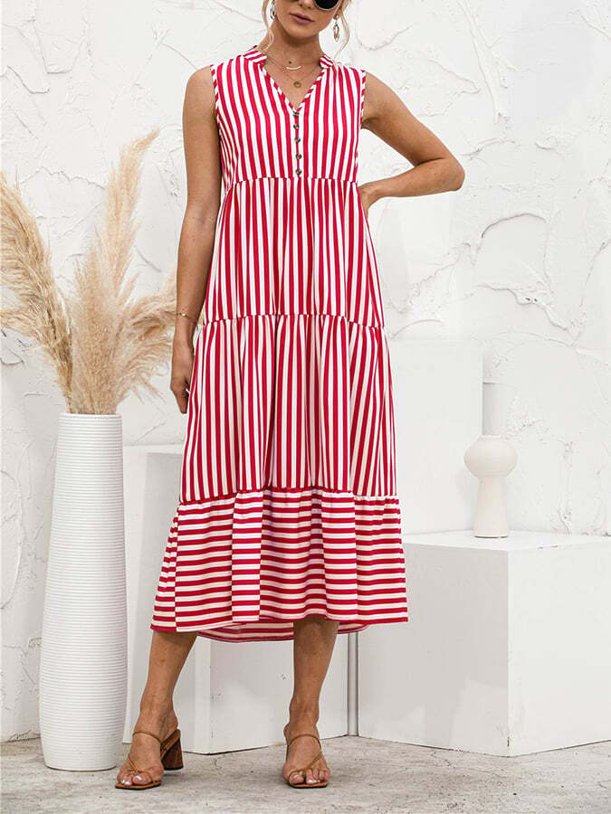 V -neck Striped Buttons Stitching Dress