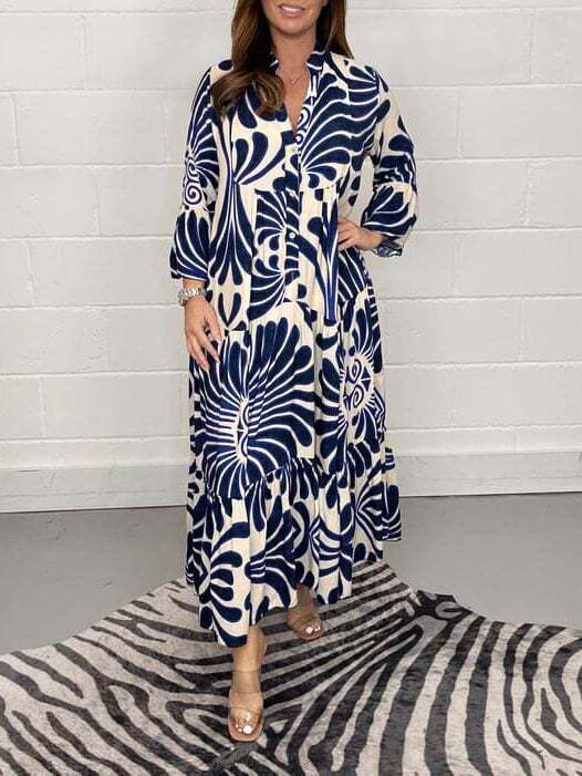 Women's Ethnic Print Long Sleeve V Neck Casual Dress