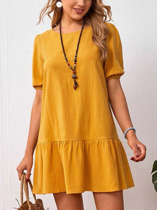 Solid Loose Waist Round Neck Dress