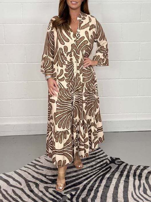 Women's Ethnic Print Long Sleeve V Neck Casual Dress