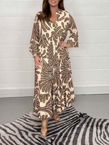 Women's Ethnic Print Long Sleeve V Neck Casual Dress