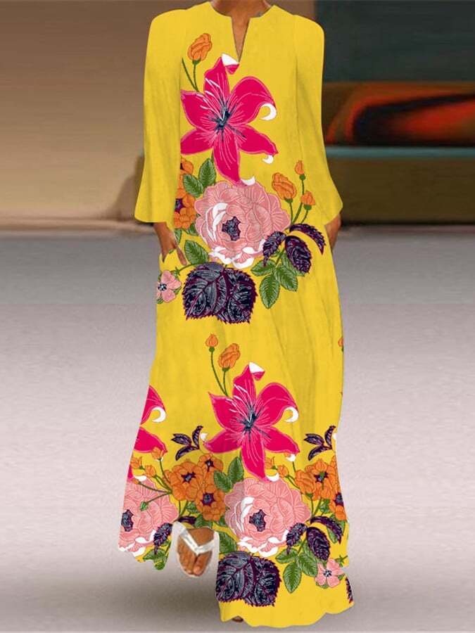 V-Neck Long Sleeved Pocket Printed Long Dress