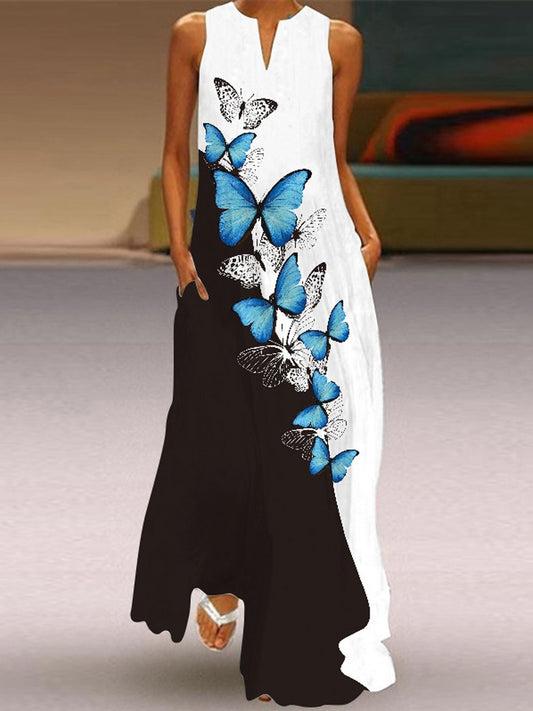 Women's color block butterfly print V-neck dress