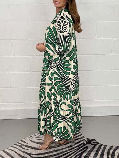 Women's Ethnic Print Long Sleeve V Neck Casual Dress