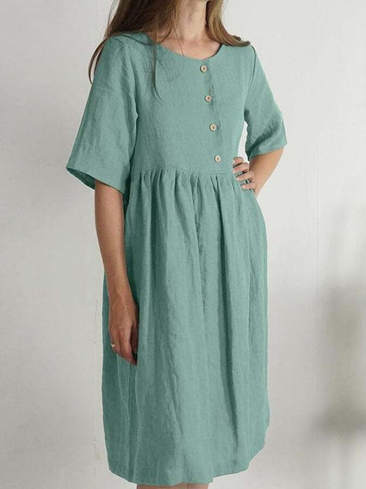 Round Neck Loose Casual Solid Color Pocket Dress