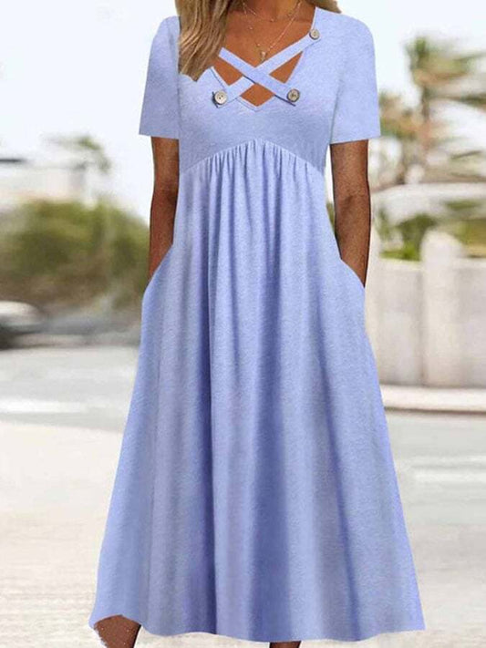 Casual Solid Color Cross Button Midi Dress