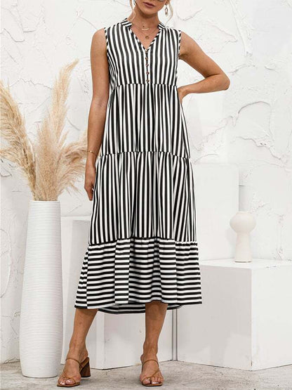 V -neck Striped Buttons Stitching Dress