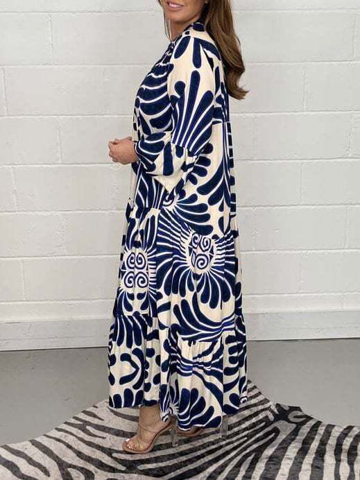 Women's Ethnic Print Long Sleeve V Neck Casual Dress