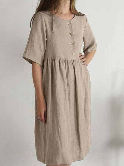 Round Neck Loose Casual Solid Color Pocket Dress