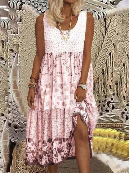 Women's Sleeveless Floral Print Summer Round Neck Dress