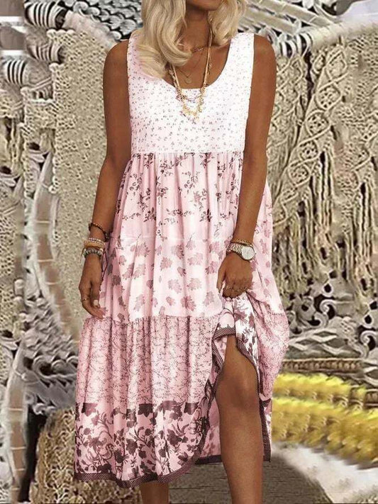 Women's Sleeveless Floral Print Summer Round Neck Dress
