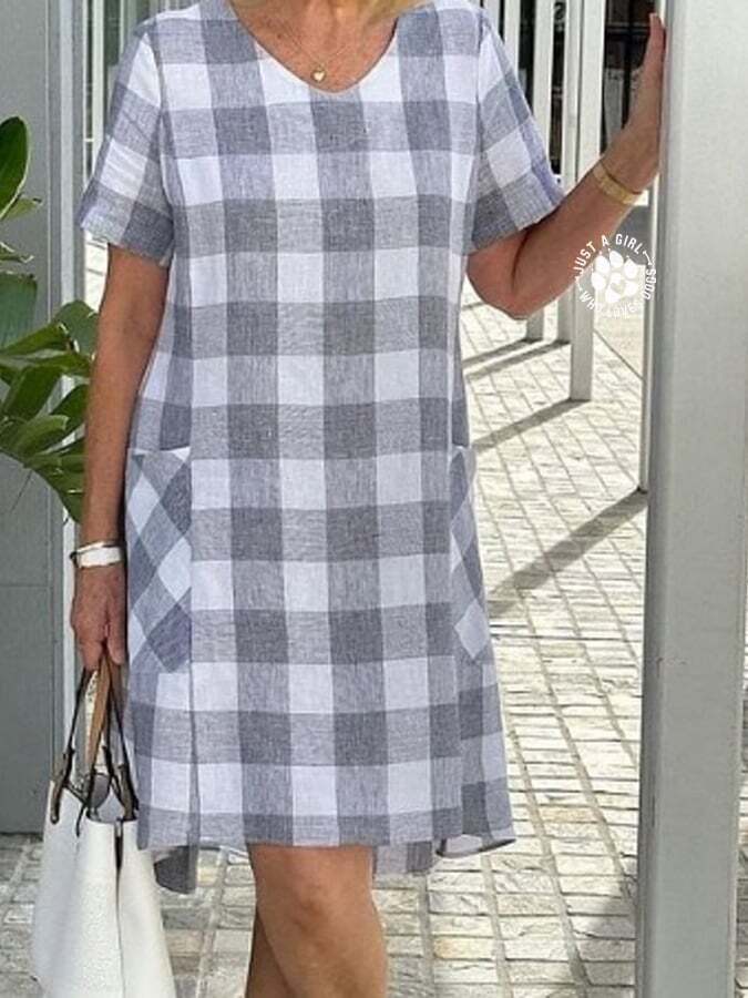 Women's Cotton Linen V-neck Plaid Short Sleeved Dress
