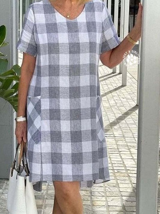 Women's Cotton Linen V-neck Plaid Short Sleeved Dress