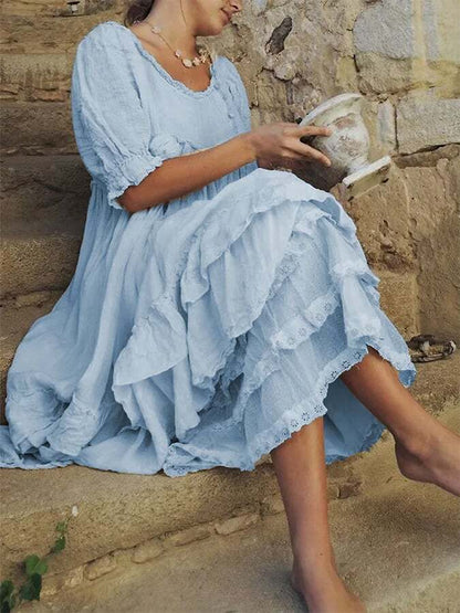 Linen Solid Lace Panel Vintage Dress