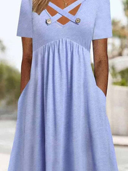 Casual Solid Color Cross Button Midi Dress