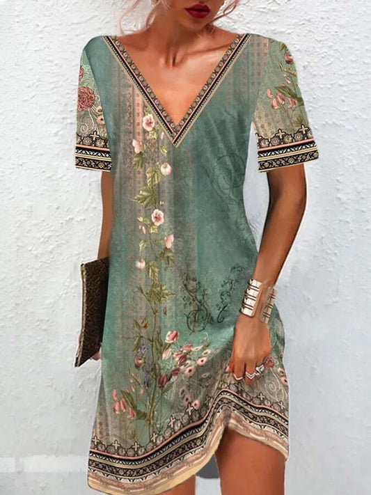 Women's V-Neck Floral Print Short Sleeve Casual Dress