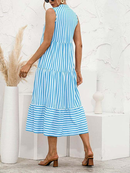 V -neck Striped Buttons Stitching Dress