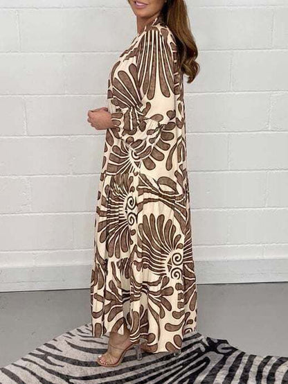 Women's Ethnic Print Long Sleeve V Neck Casual Dress