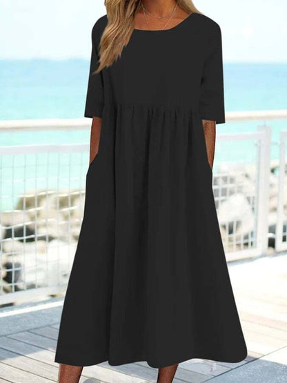 Loose Pocket Long Sleeves Midi Dress