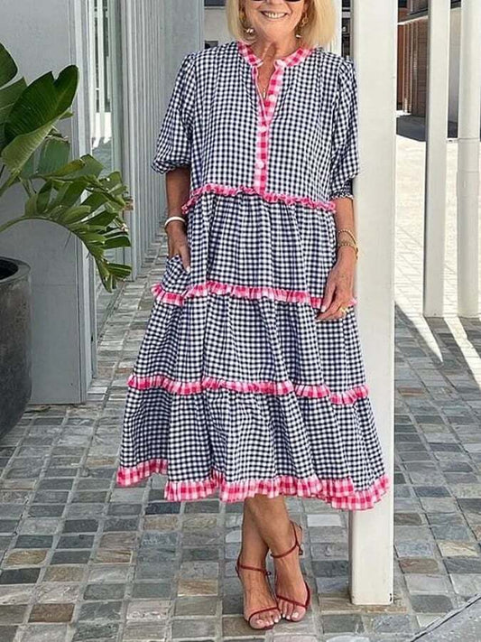 Women's Cotton Linen O-neck Plaid Dress