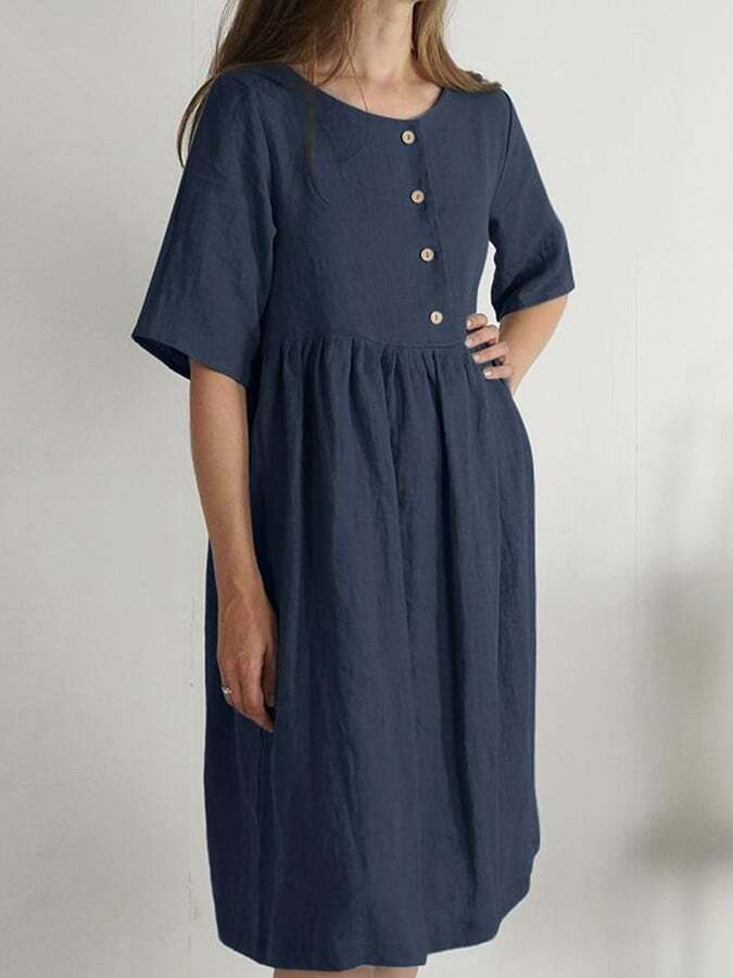 Round Neck Loose Casual Solid Color Pocket Dress