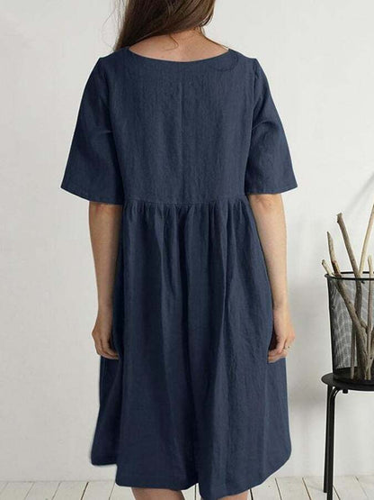 Round Neck Loose Casual Solid Color Pocket Dress