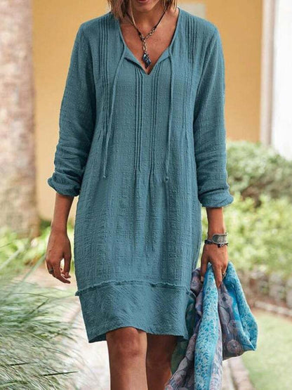 Long Sleeved V-Neck Lace Up Dress