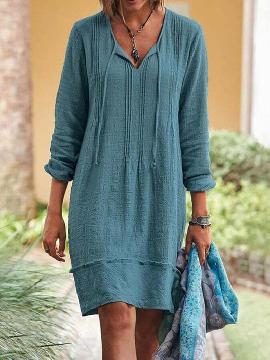 Long Sleeved V-Neck Lace Up Dress