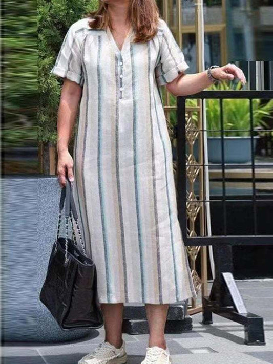 Striped V Neck Half Sleeve Dress