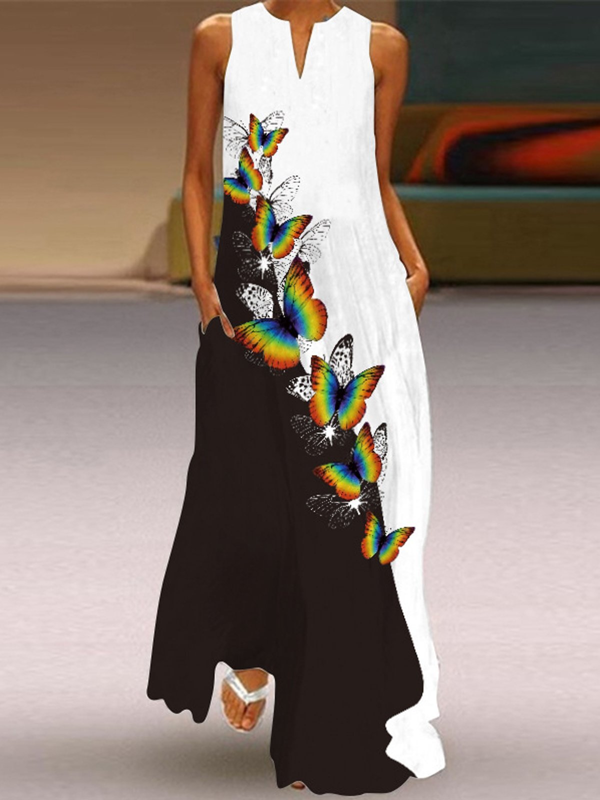 Women's color block butterfly print V-neck dress
