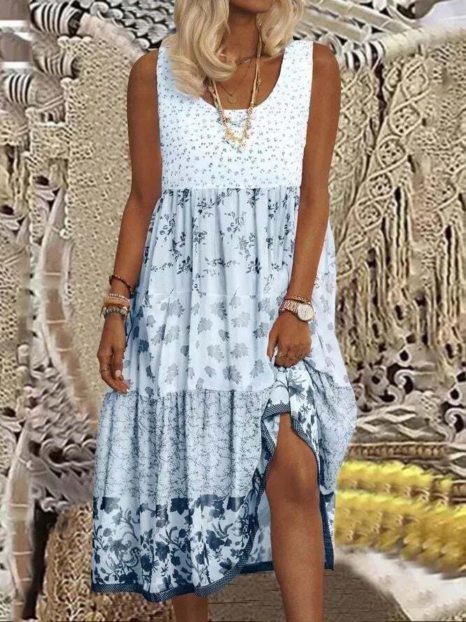 Women's Sleeveless Floral Print Summer Round Neck Dress