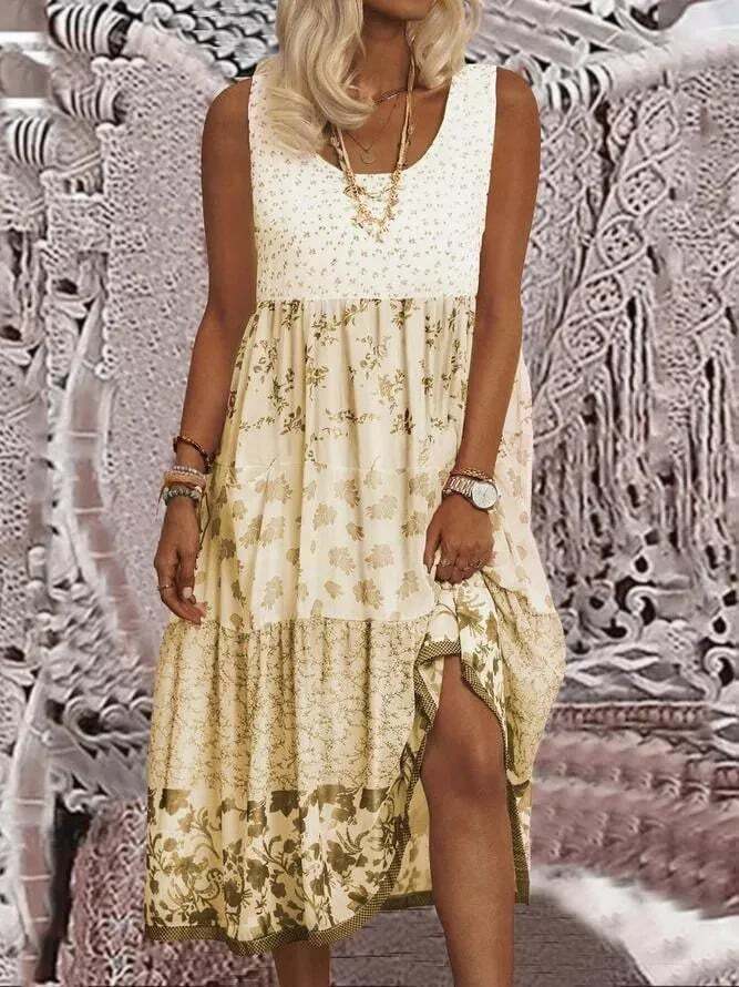 Women's Sleeveless Floral Print Summer Round Neck Dress