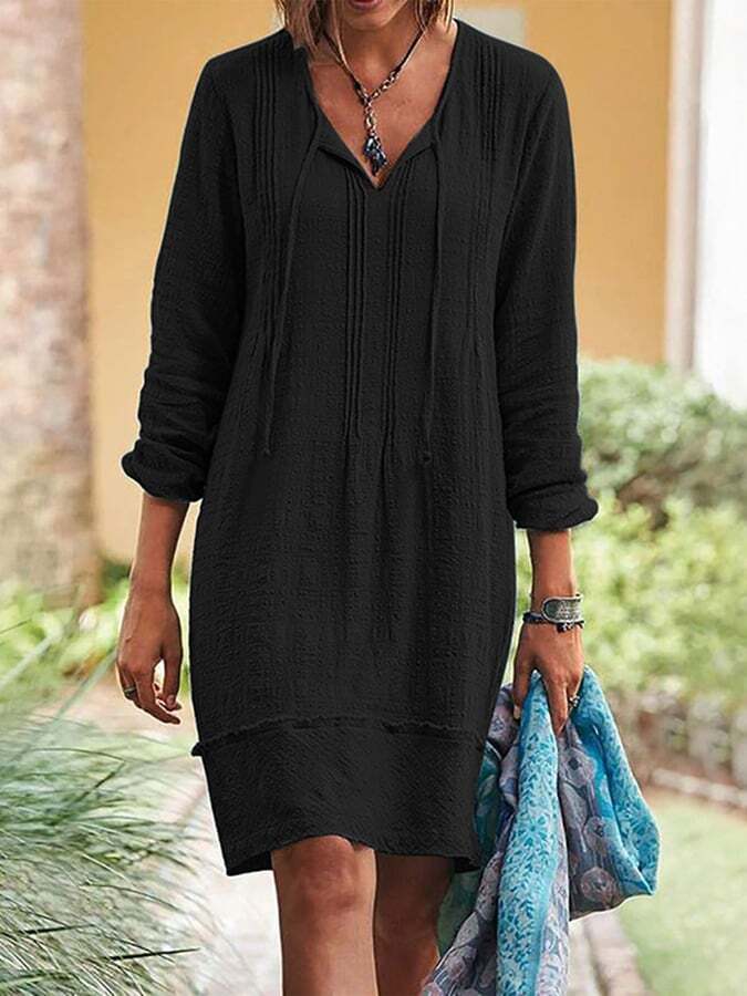 Long Sleeved V-Neck Lace Up Dress