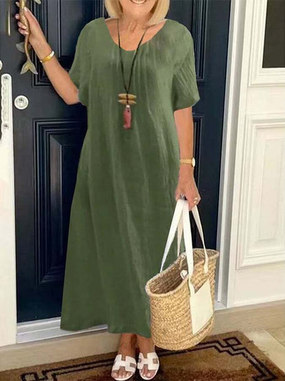 European And American Style Casual Loose Solid Color Pocket V-Neck Dress