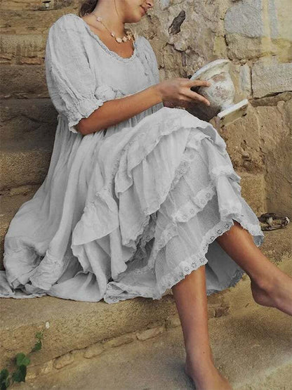 Linen Solid Lace Panel Vintage Dress