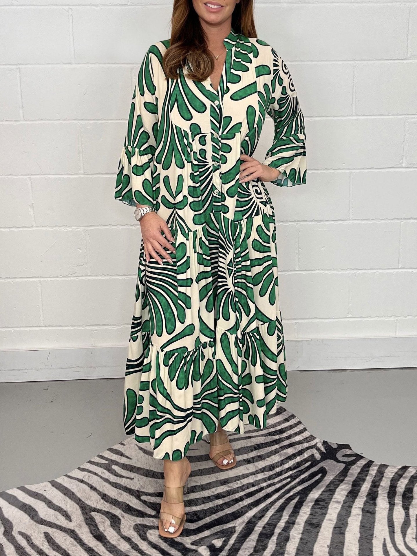 Women's Ethnic Print Long Sleeve V Neck Casual Dress