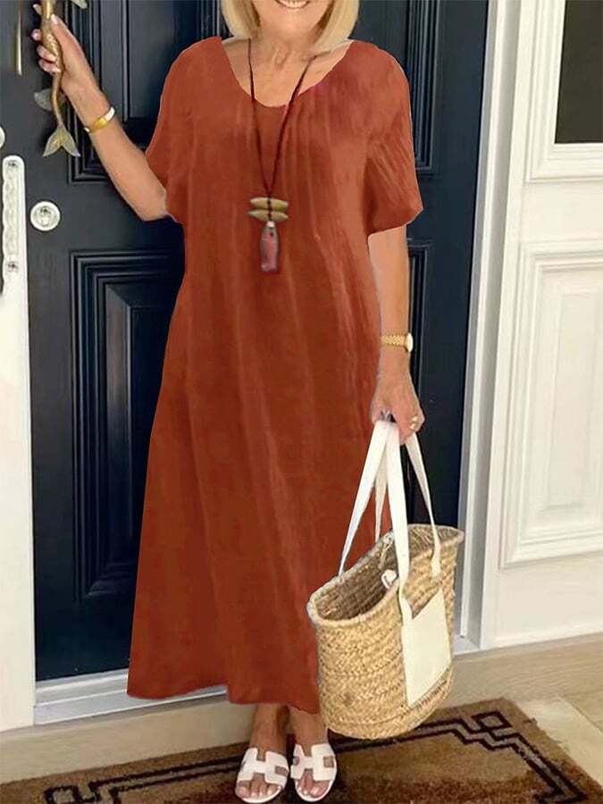 European And American Style Casual Loose Solid Color Pocket V-Neck Dress