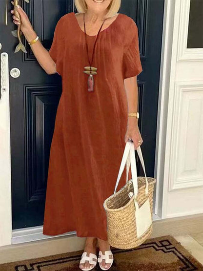 European And American Style Casual Loose Solid Color Pocket V-Neck Dress