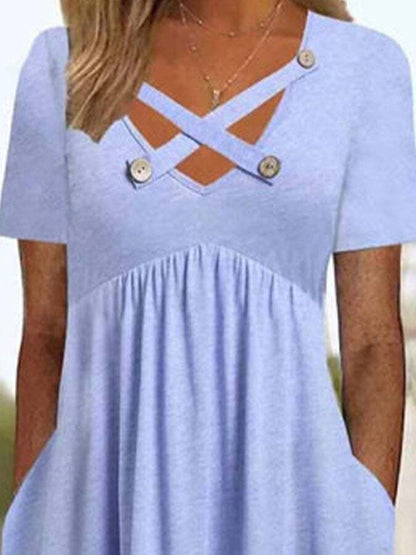 Casual Solid Color Cross Button Midi Dress